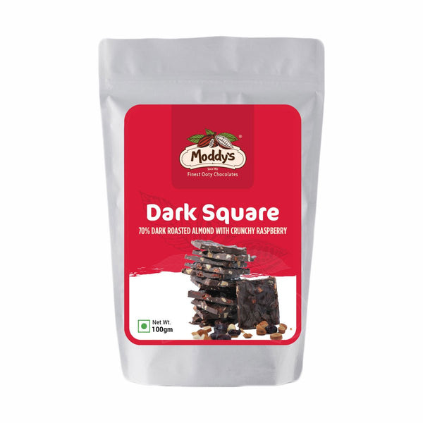 SQUARES - 70% DARK ROASTED ALMOND WITH CRUNCHY RASPBERRY